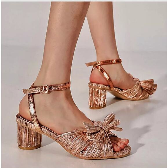 Loeffler Randall Dahlia Pleated Bow Knot Block Heel Sandal Metallic Rose Gold 7 - Picture 2 of 16